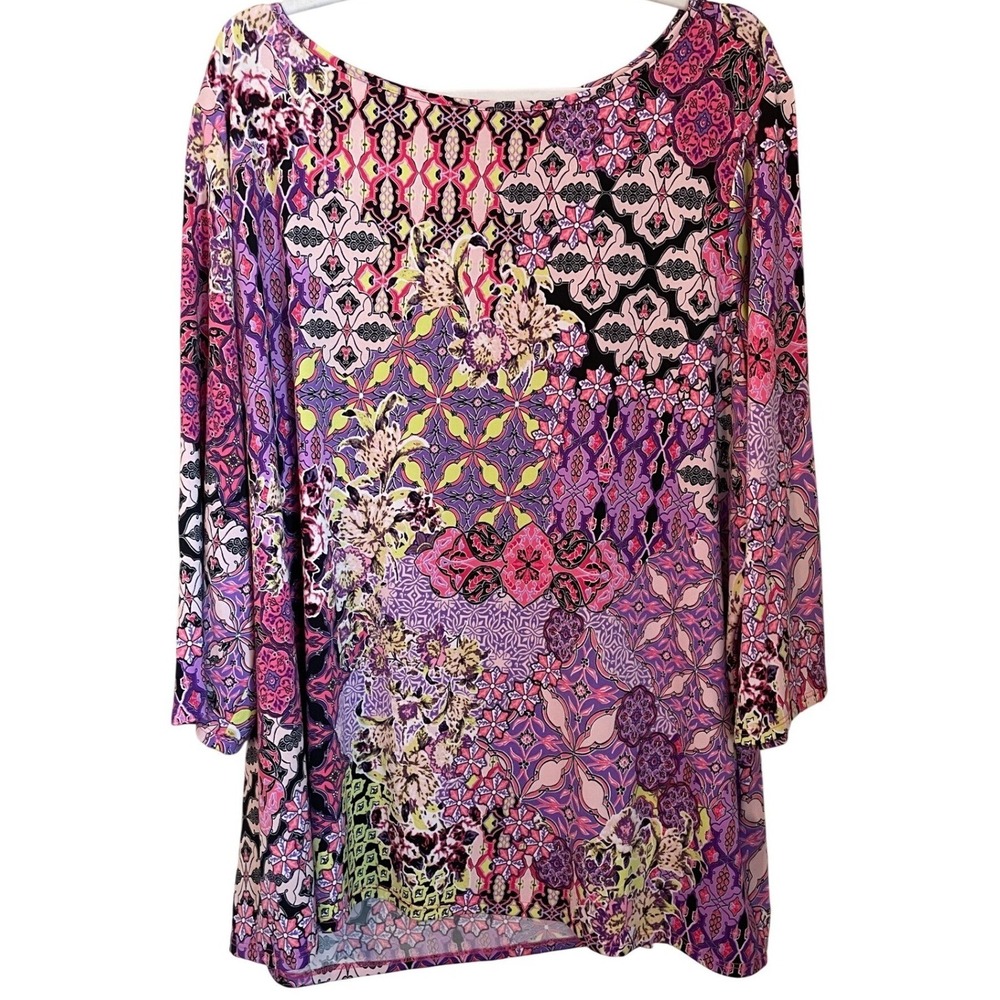 Susan Graver Liquid Knit Size 3X Mixed Print 3/4 Sleeve Tunic Black Purple Pink